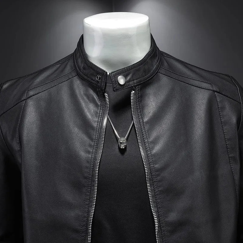 Men Stand Collar Slim Biker Leather Jacket