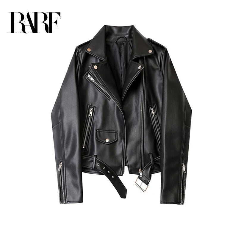 Women Detachable epaulettes motorcycle leather jacket