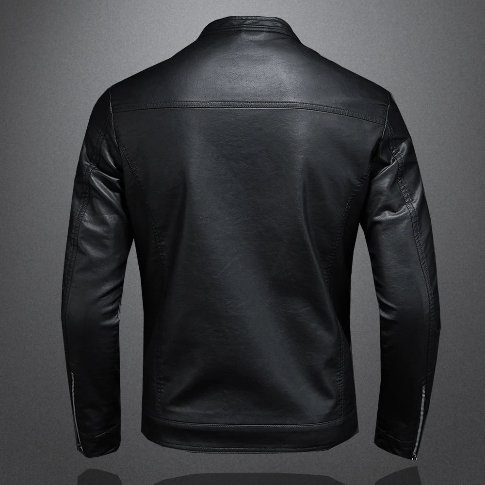 Men Stand Collar Slim Biker Leather Jacket