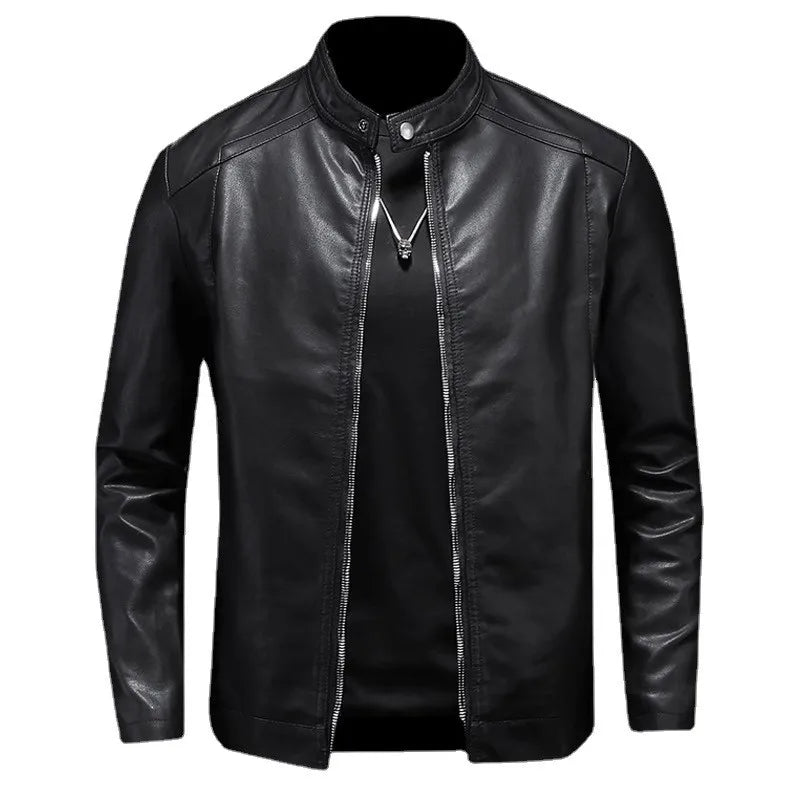 Men Stand Collar Slim Biker Leather Jacket