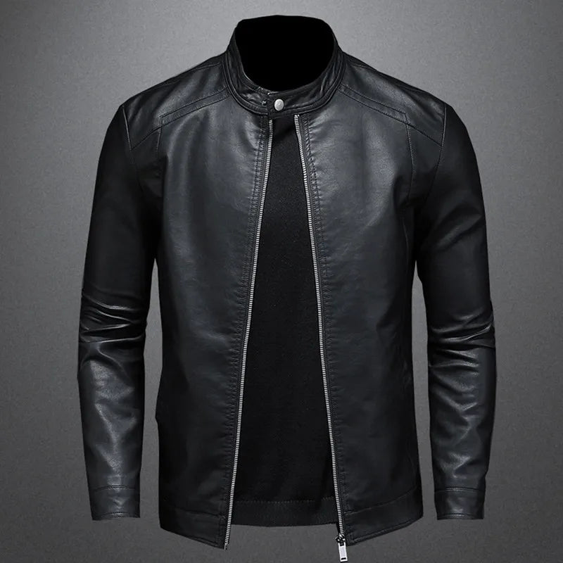 Men Stand Collar Slim Biker Leather Jacket