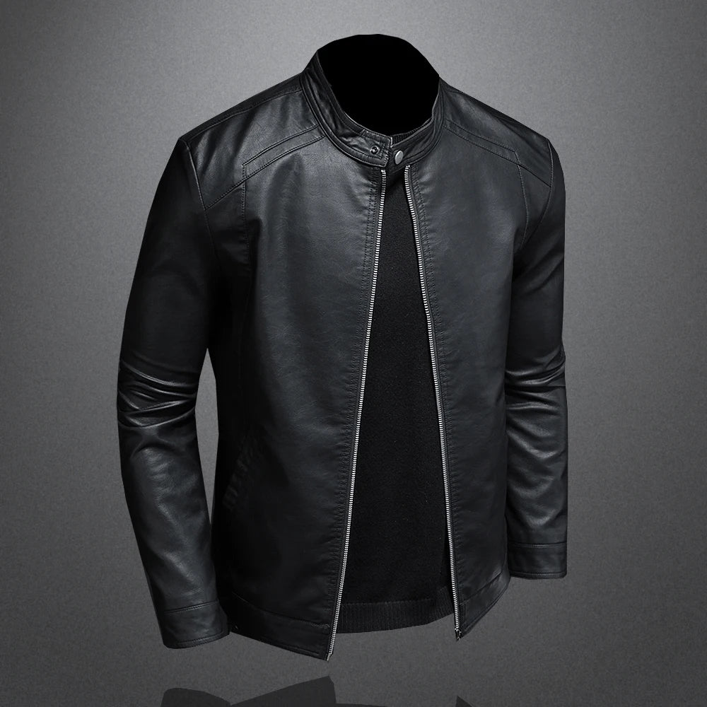 Men Stand Collar Slim Biker Leather Jacket