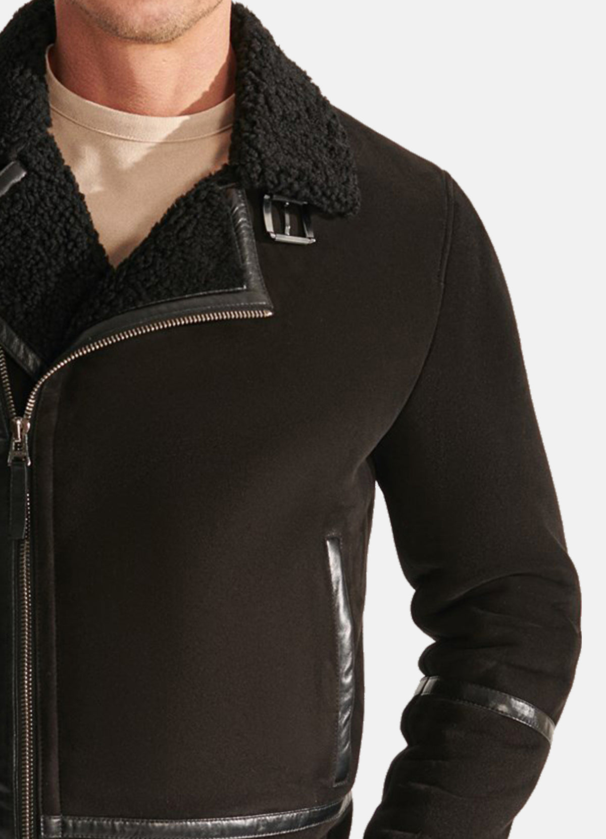 Mens Midnight Black Suede Shearling Leather Jacket