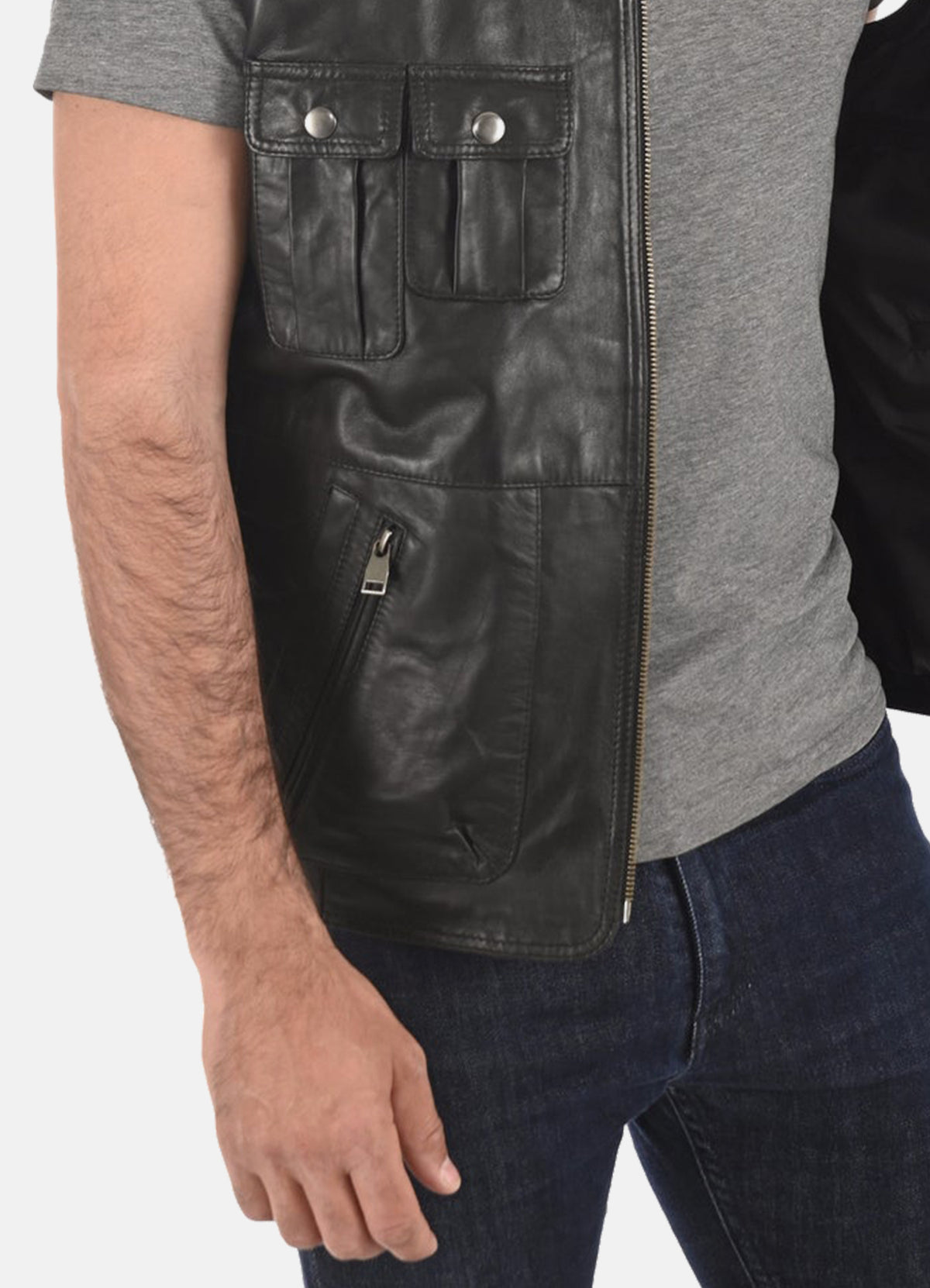 Mens Military Style Black Leather Vest
