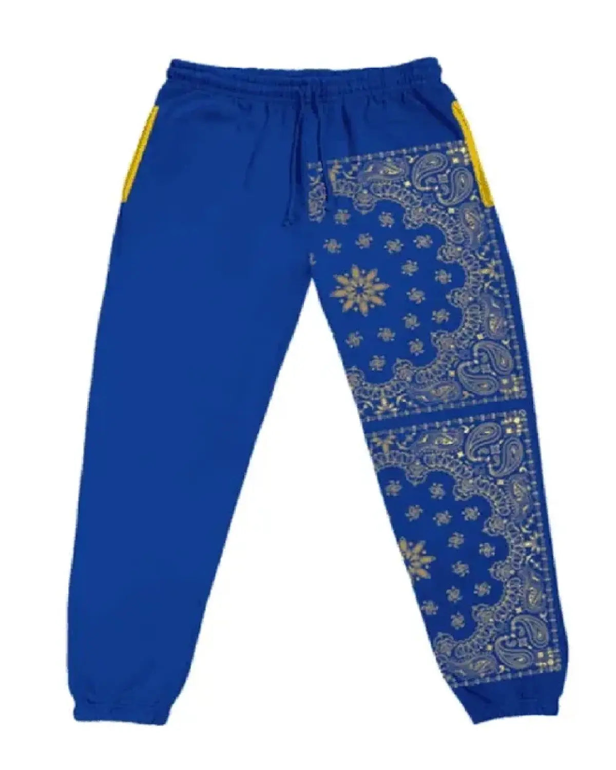 Blue sweatpants with yellow paisley pattern on a white background
