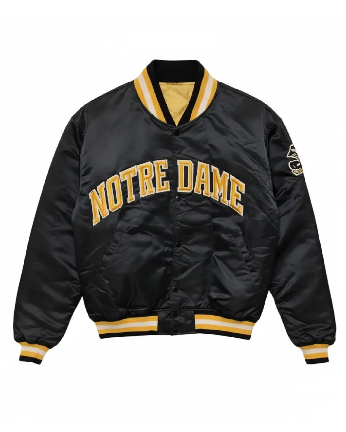 Black jacket with 'Notre Dame' text on a white background