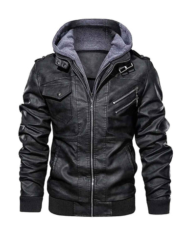 Mens Black Leather Jacket With Removable Hood 