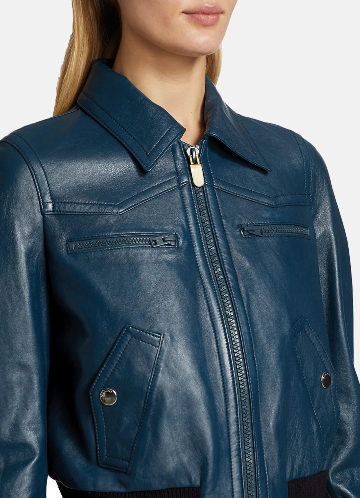 Womens Yale Blue Leather Bomber Jacket