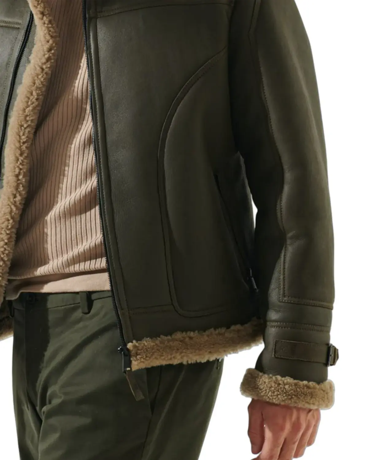 Moss Green Shearling Leather Jacket For Men | Elite Jacket