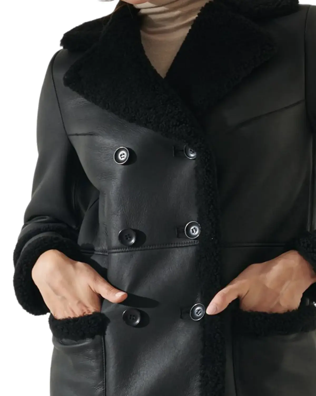 Womens Jet Black Shearling Leather Coat | Elite Jacket