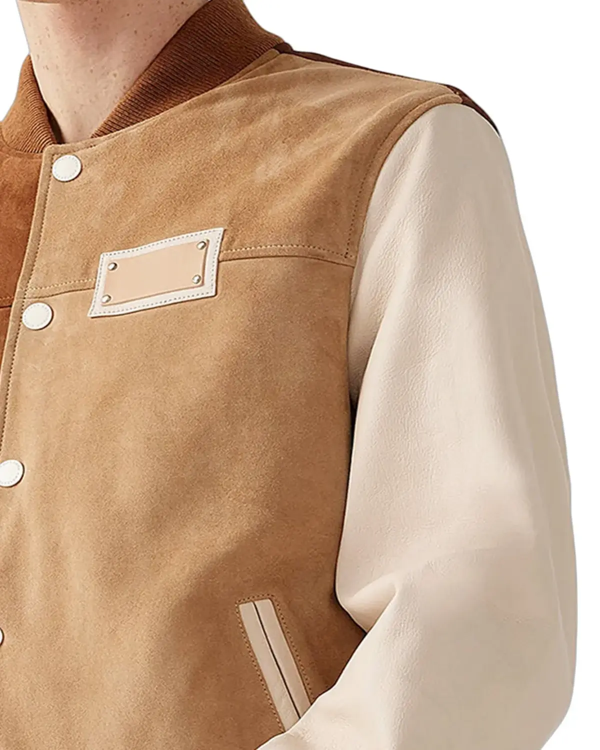 Mens Tan and Beige Suede Varsity Jacket | Elite Collection