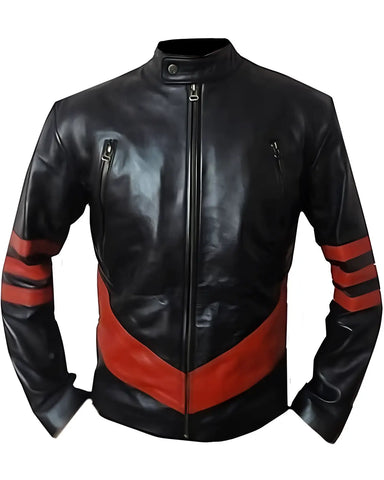 Wolverine X-Men Black With Red Strips Leather Biker Jacket