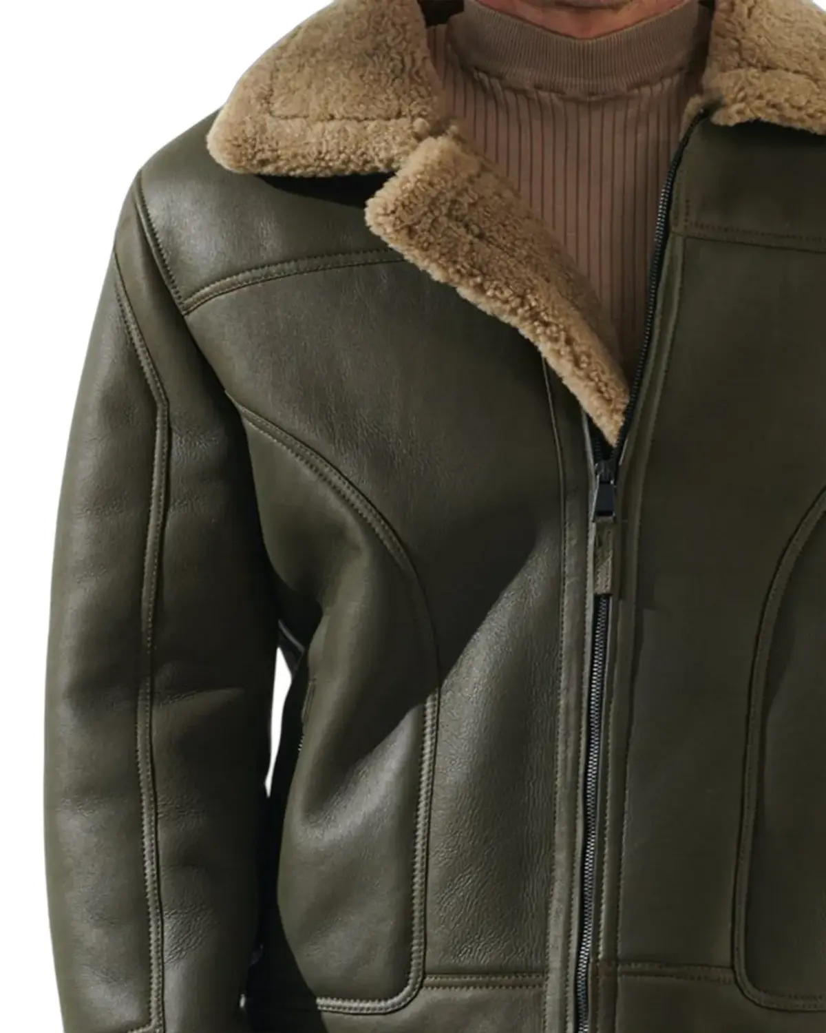 Moss Green Shearling Leather Jacket For Men | Elite Jacket