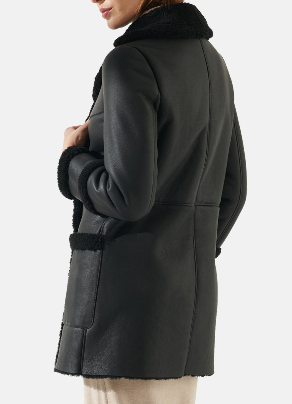 Womens Jet Black Shearling Leather Coat