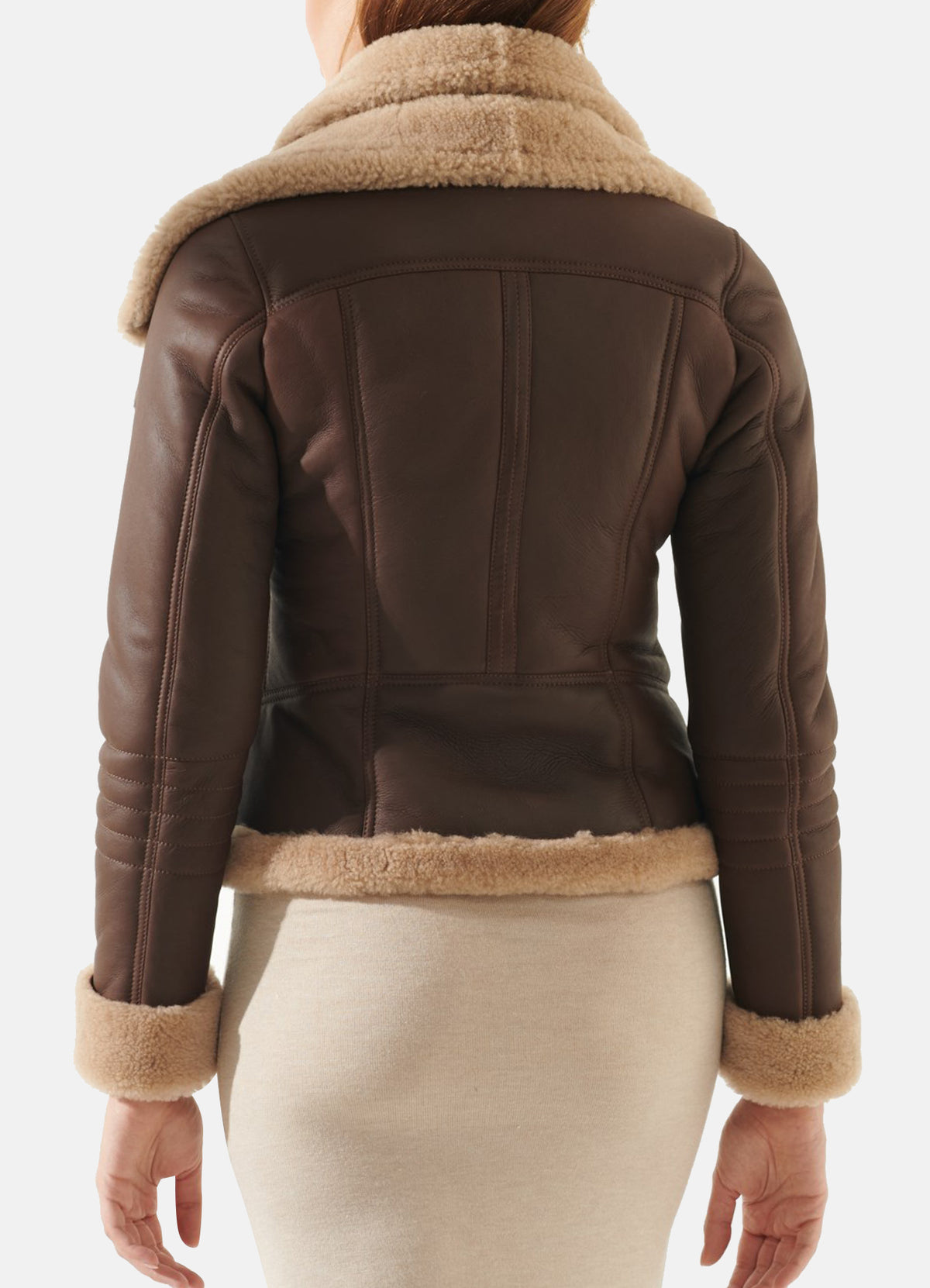 Womens Brown Double Collar Shearling Leather Jacket
