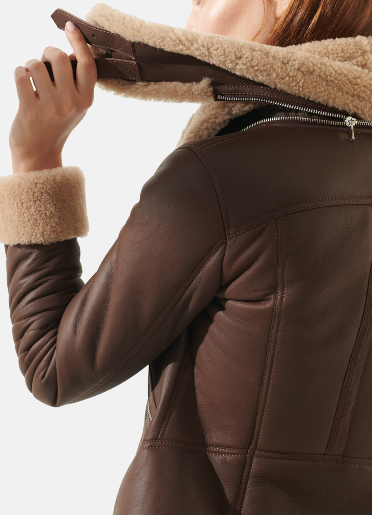 Womens Brown Double Collar Shearling Leather Jacket