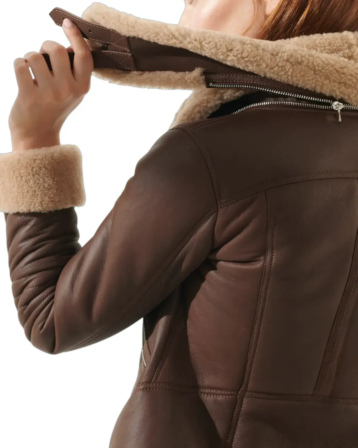 Womens Brown Double Collar Shearling Leather Jacket