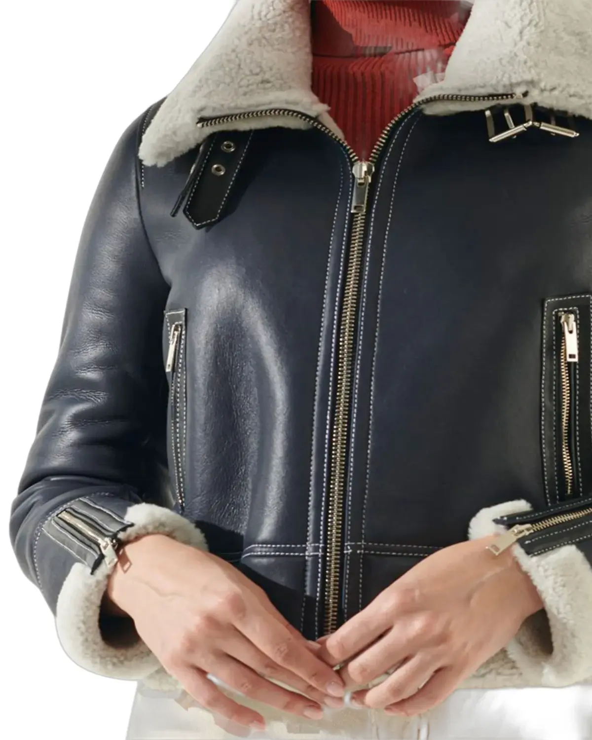 Womens Navy Blue Shearling Leather Jacket | Elite Jacket