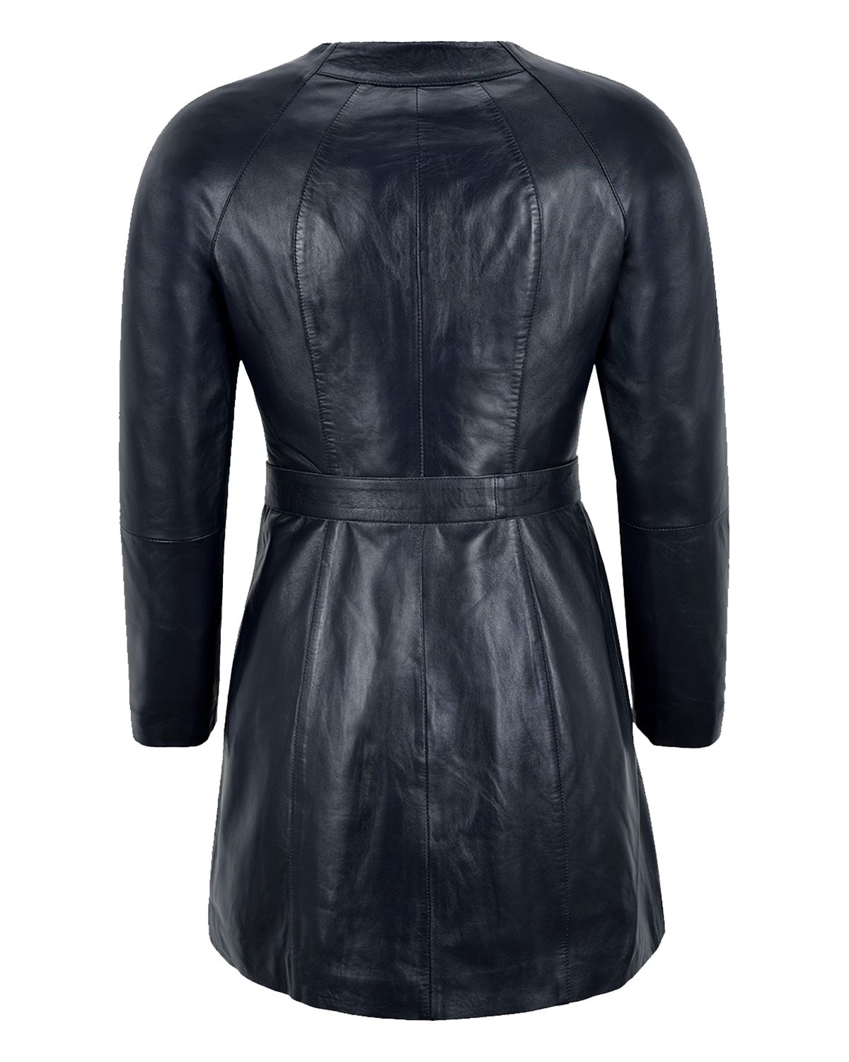 Womens Collarless Black Knee Length Leather Coat | Elite Jacket