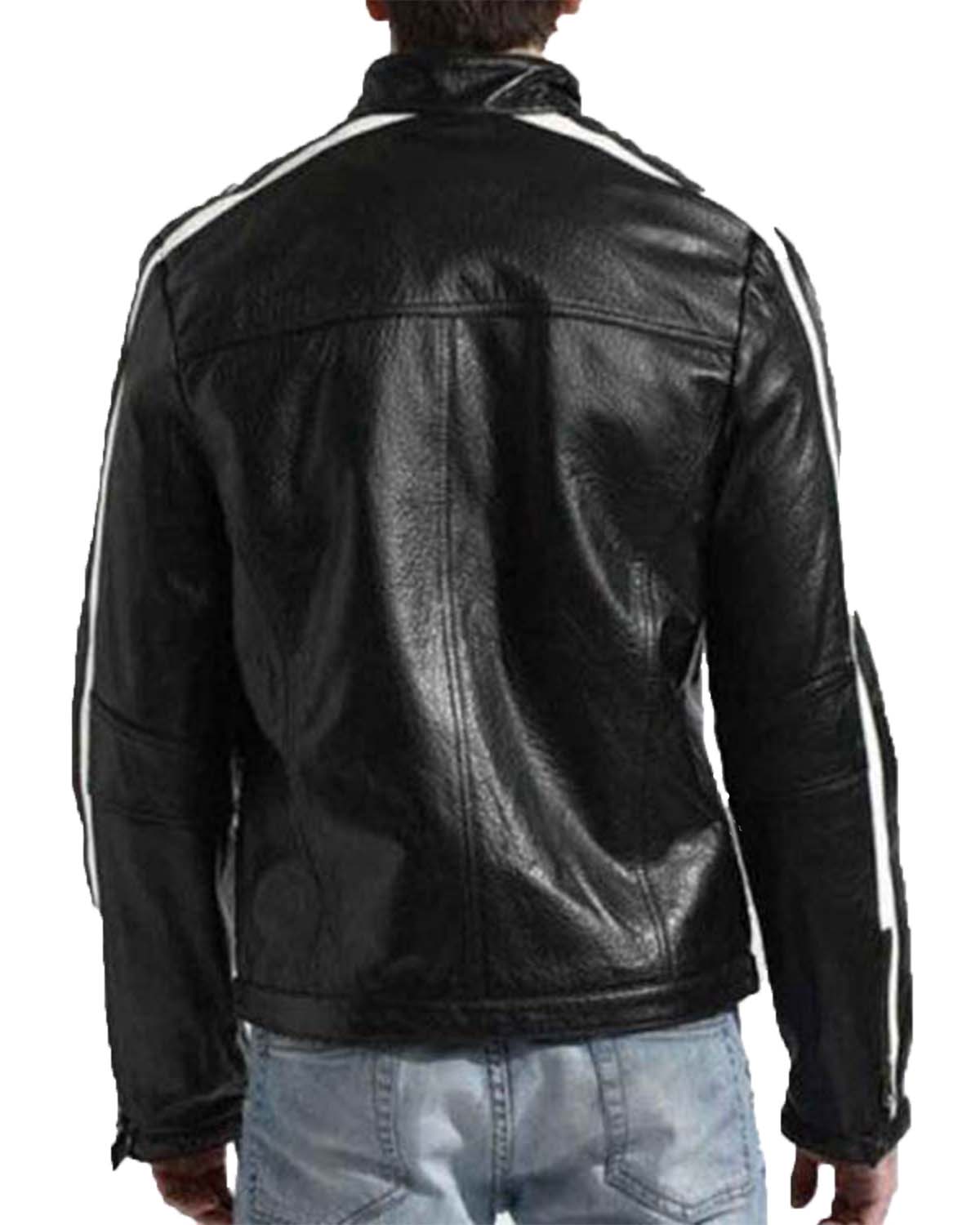 White Striped Leather Cafe Racer Jacket For Mens 