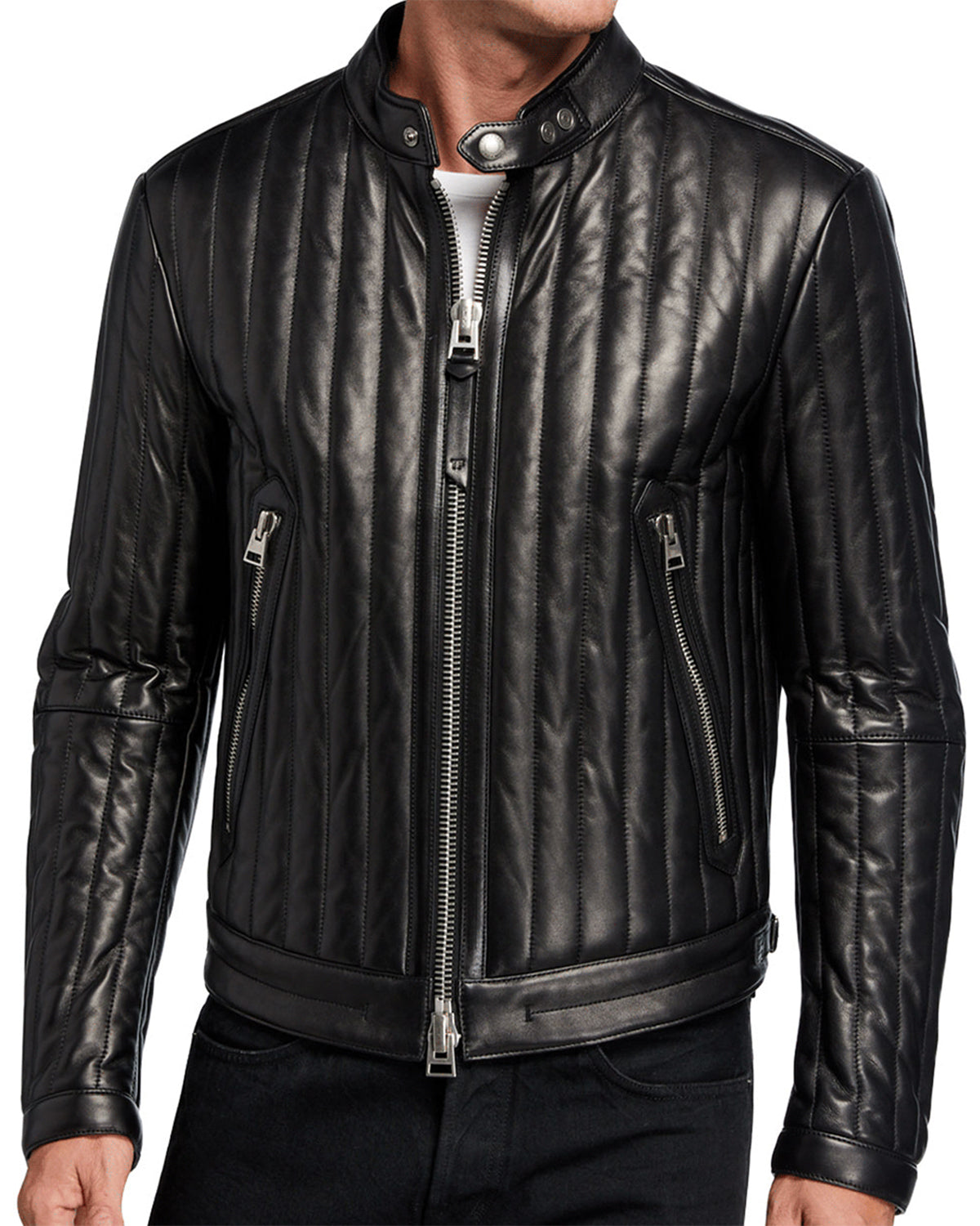 Elite Men Vertical Channel Leather Biker Jacket