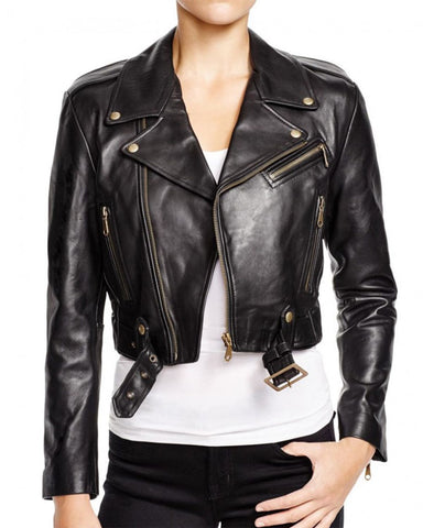 Elite Women's Belted Black Cropped Leather Jacket
