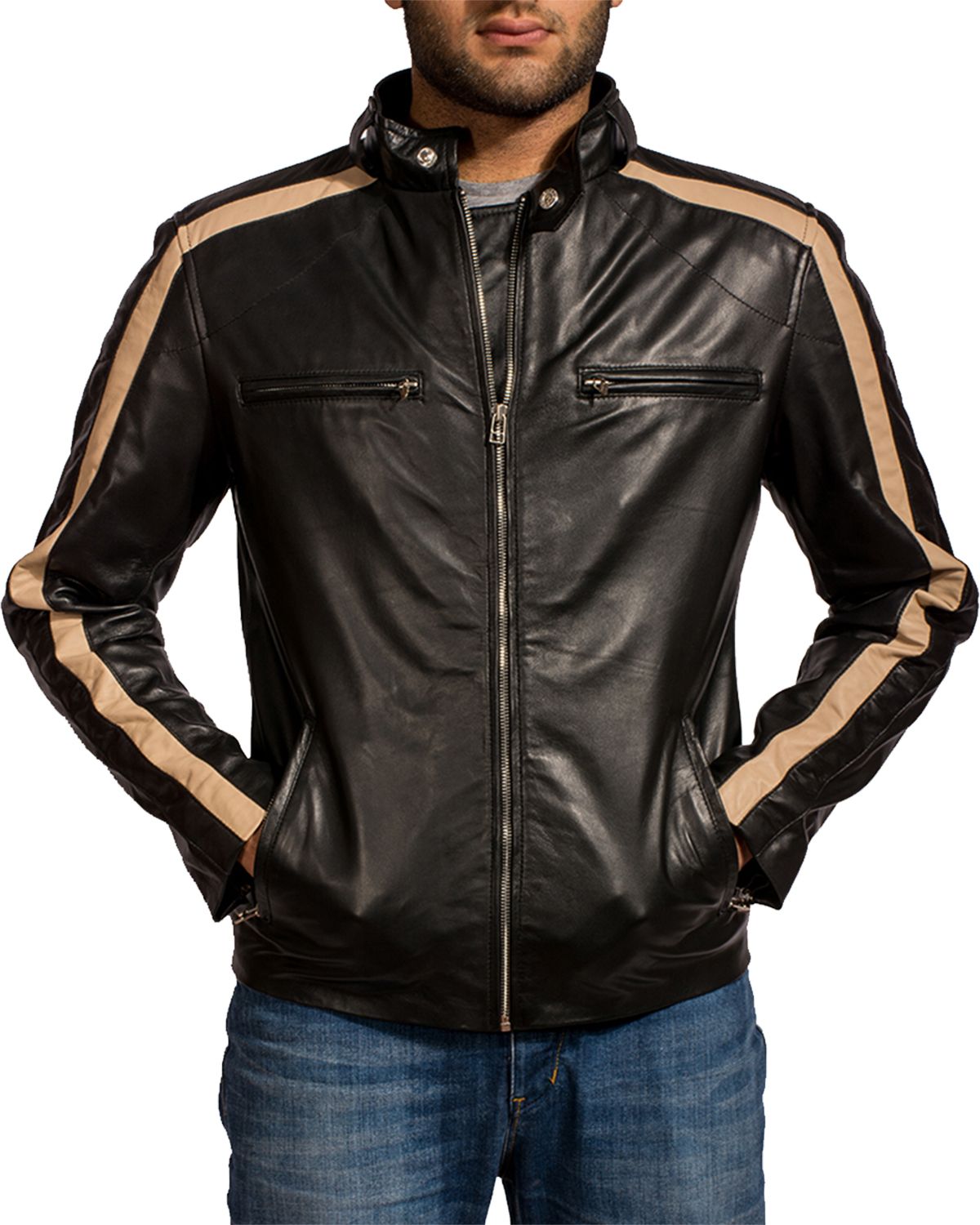 Elite Men's Creame Stripes Black Biker Leather Jacket