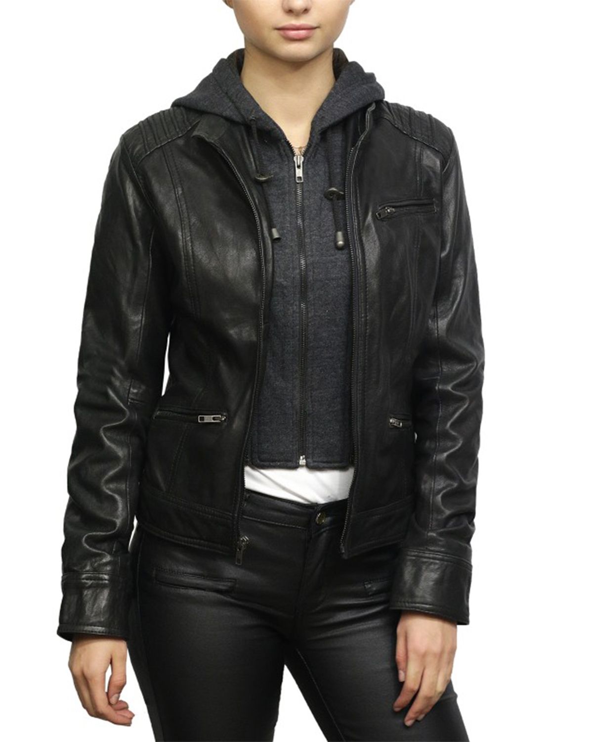 Elite Women's Short Hooded Leather Biker Jacket