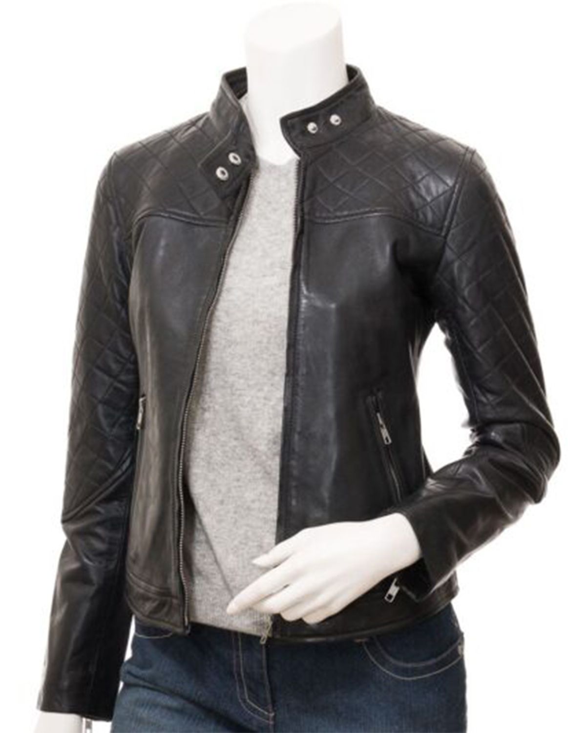 Elite Women's Quilted Shoulder Stylish Biker Cafe Racer Style Real Leather Jacket