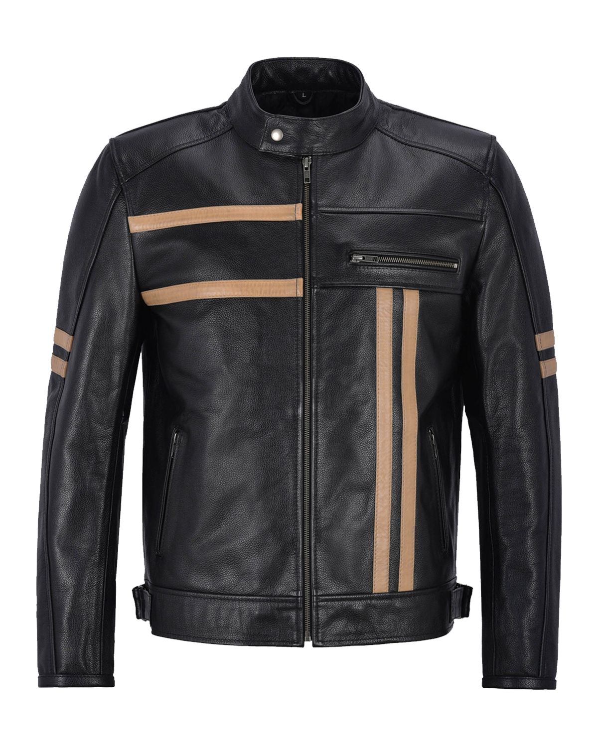 Elite Men's Black With Beige Stripes Biker Motorcycle Leather Jacket