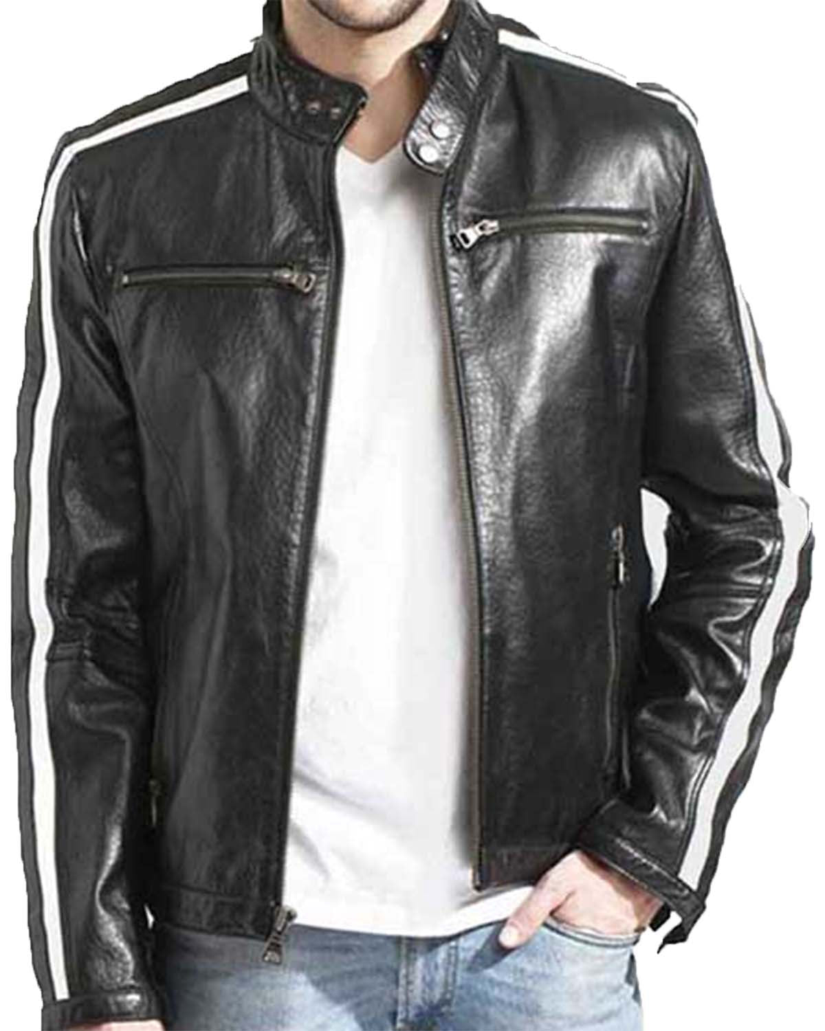 White Striped Leather Cafe Racer Jacket For Mens 