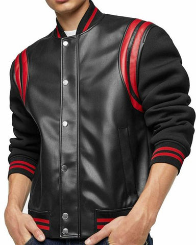 Mens Black with Red Stripes Leather Jacket | Elite Jacket