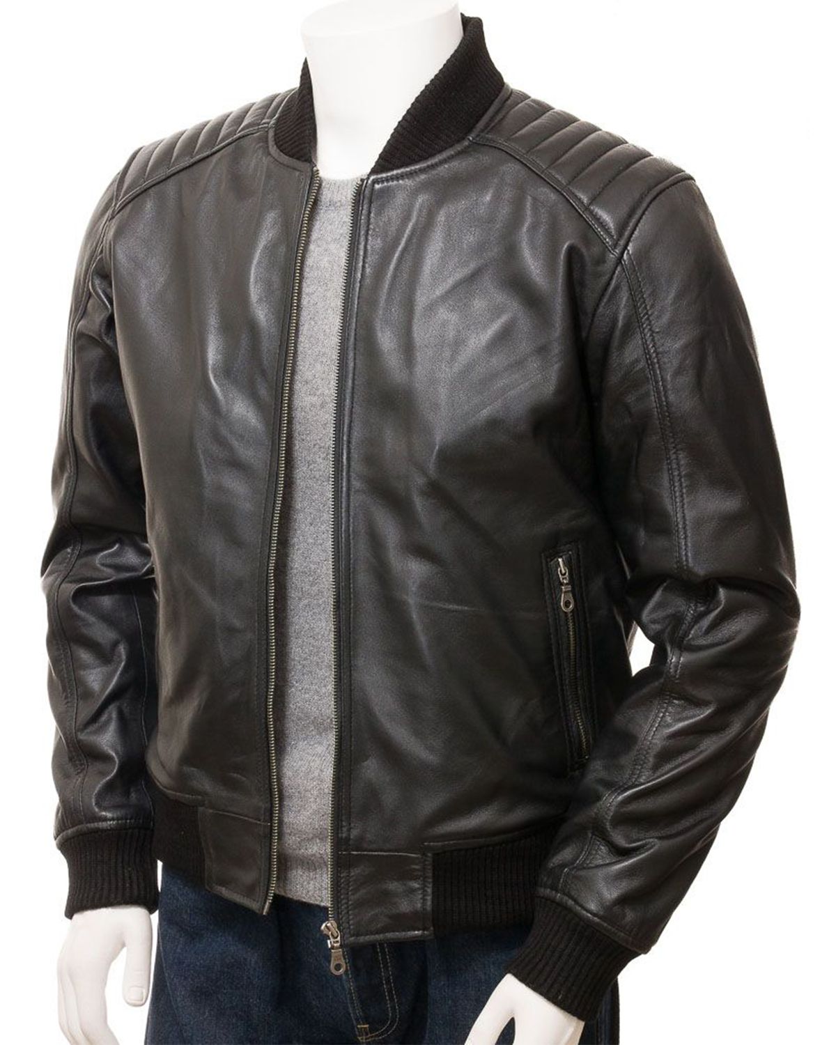 Elite Men's Black Quilted Shoulder Bomber Leather Jacket