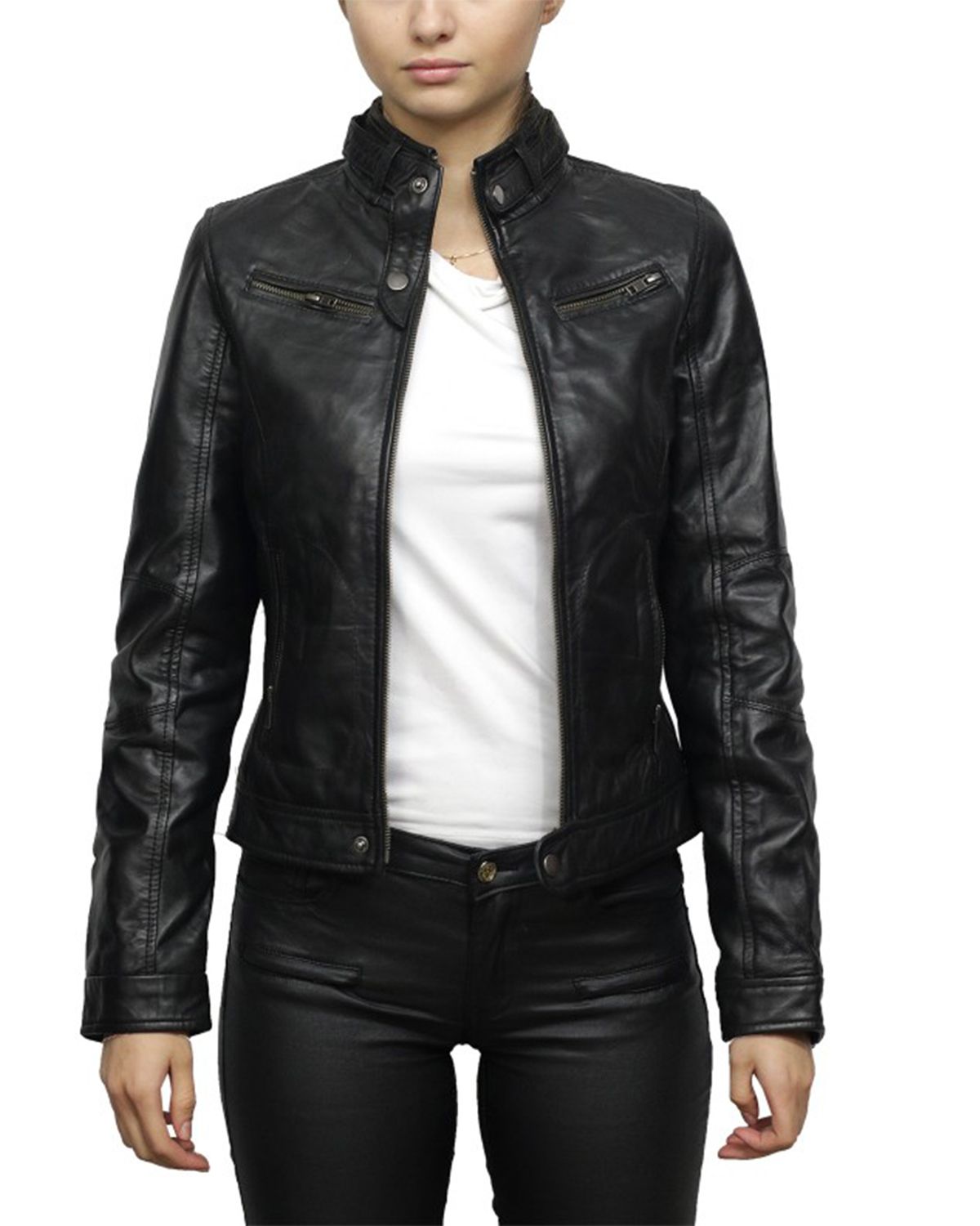 Elite Women's Belted Collar Black Biker Jacket