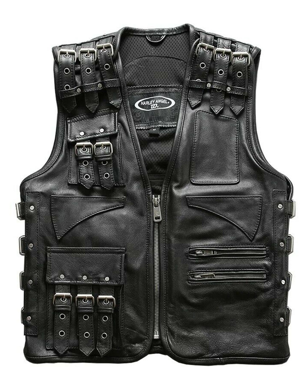 Elite Mens Cargo Style Biker Cowhide Leather Vest Jacket