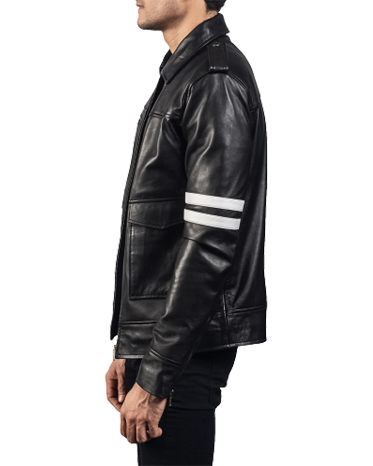 Elite Men's Black Biker With White Stripes Leather Jacket