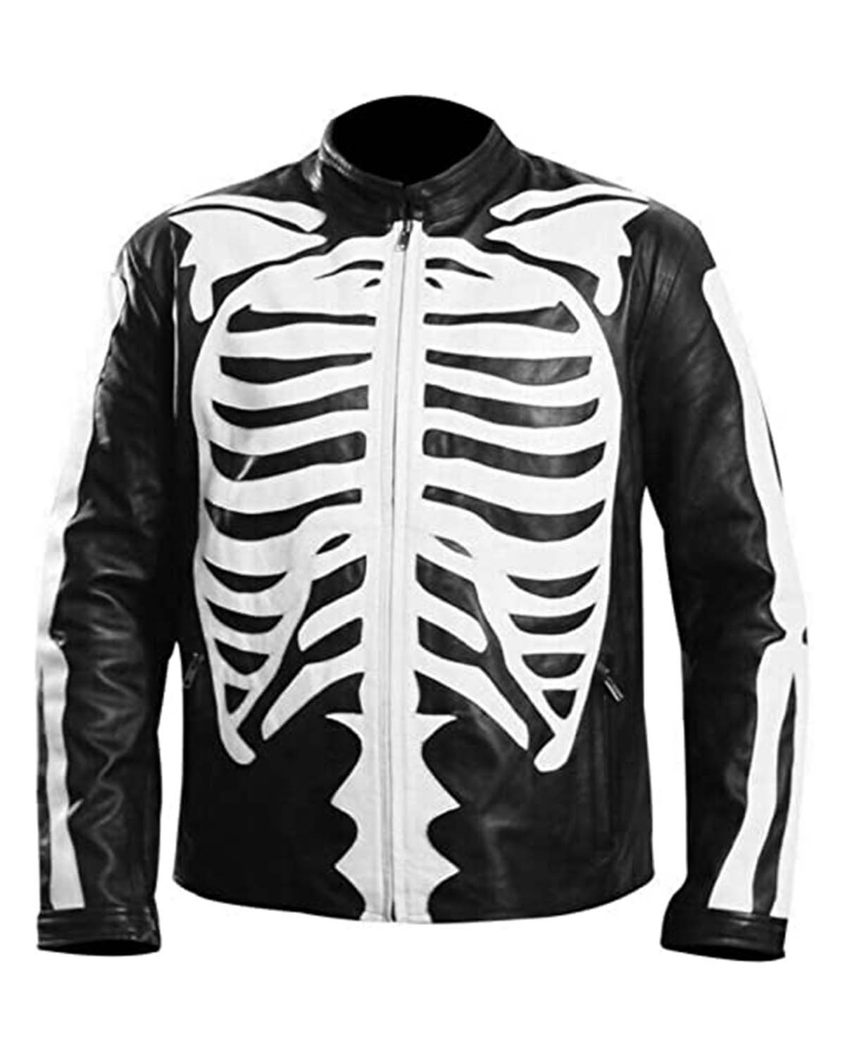 Elite Mens Motorcycle Biker Skeleton Bones Leather Jacket Black/Blue