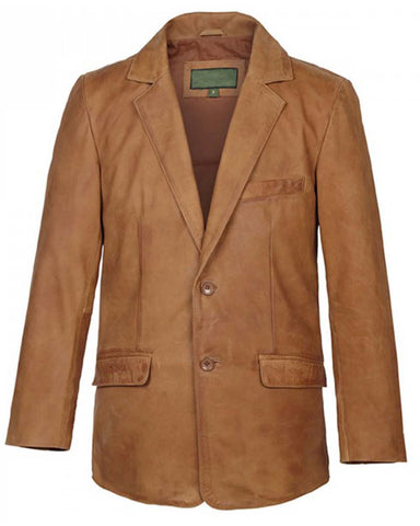 Tan Two Button Nubuck Brown Leather Blazer For Men