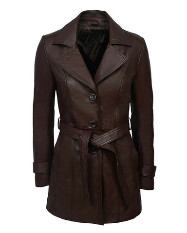 Elite Women's Dark Brown Trench Belted Leather Coat