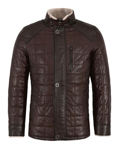 Elite Men's Faux Shearling Quilted Brown Bomber Leather Jacket