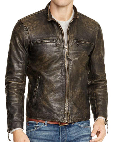 Motorcycle Distressed Brown Leather Jacket For Man