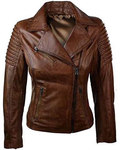Elite Women's Brown Brando Biker Real Leather Jacket