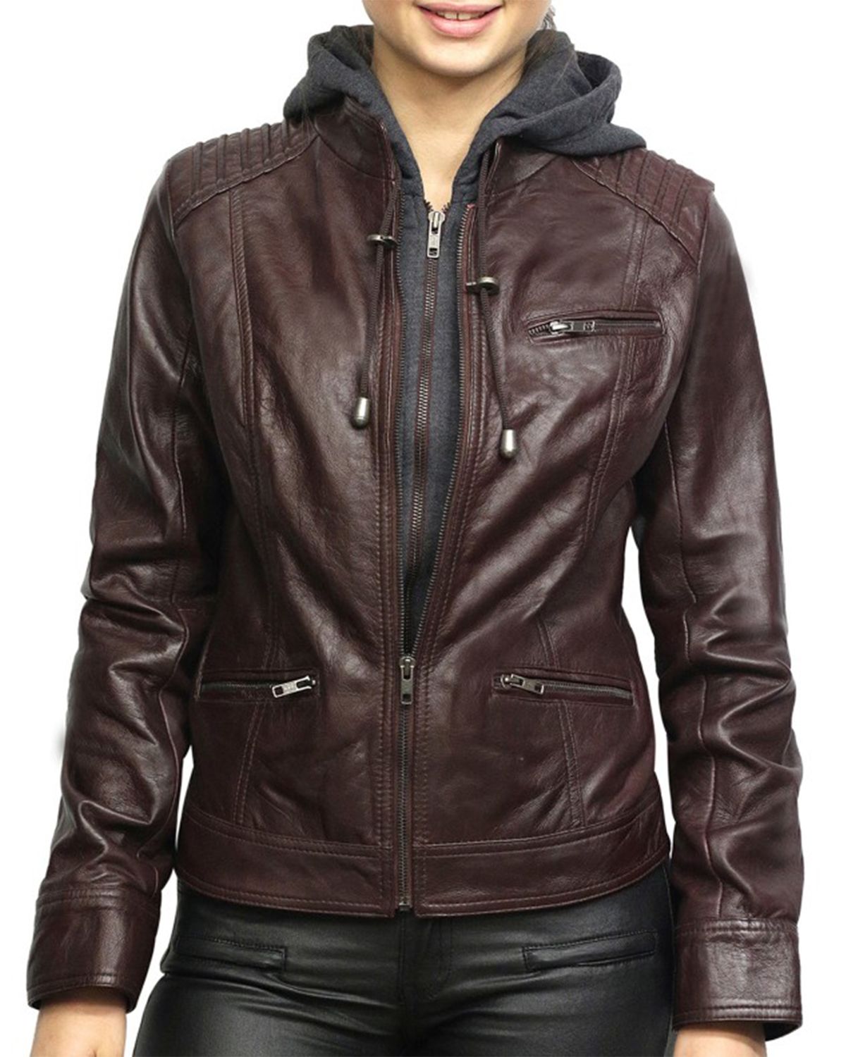 Womens Short Hooded Leather Bikers Jacket | Elite Jacket