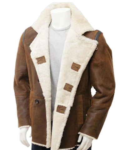 Elite Men Double breasted Fur Shearling Distressed Brown leather Coat