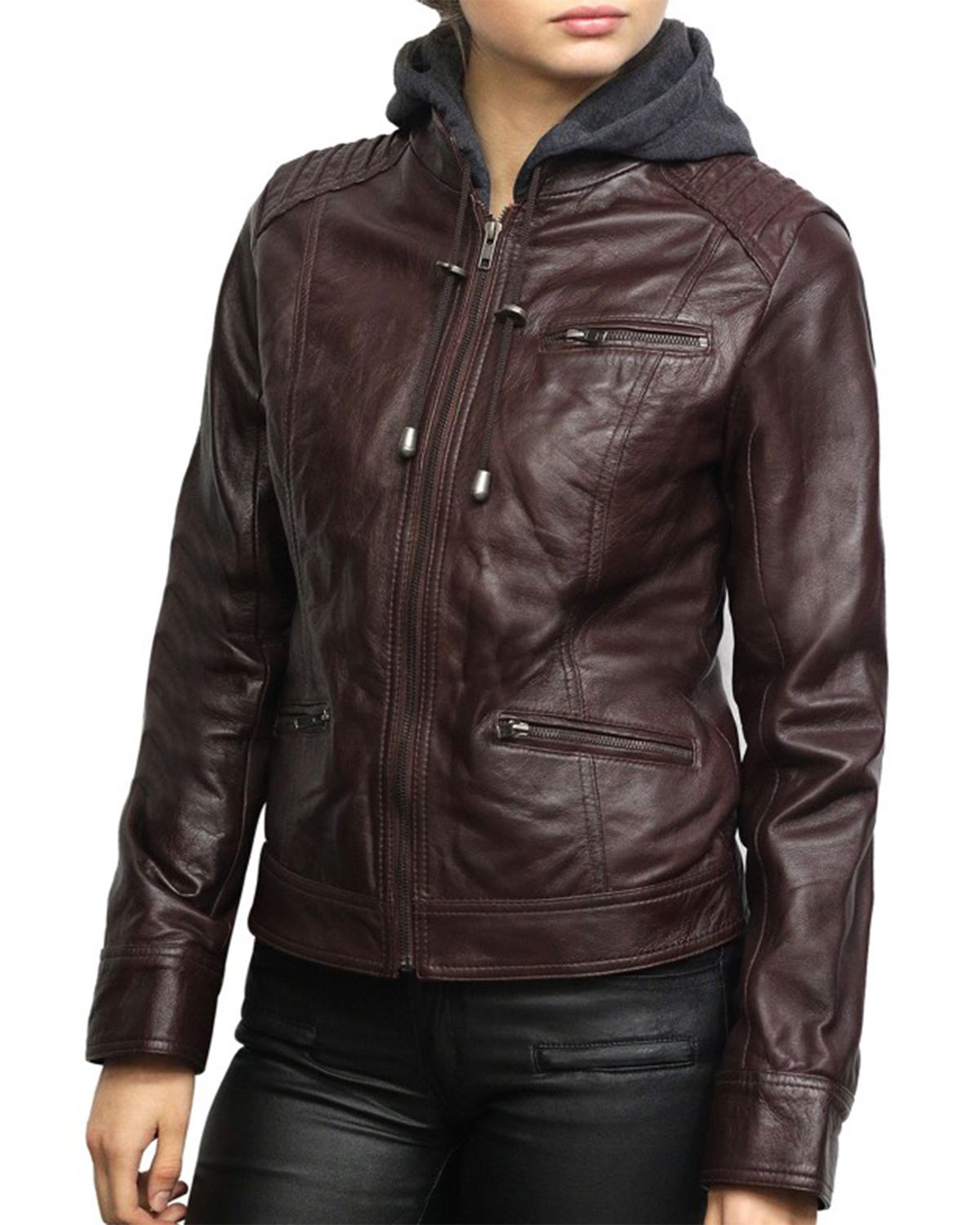 Elite Women's Short Hooded Leather Biker Jacket