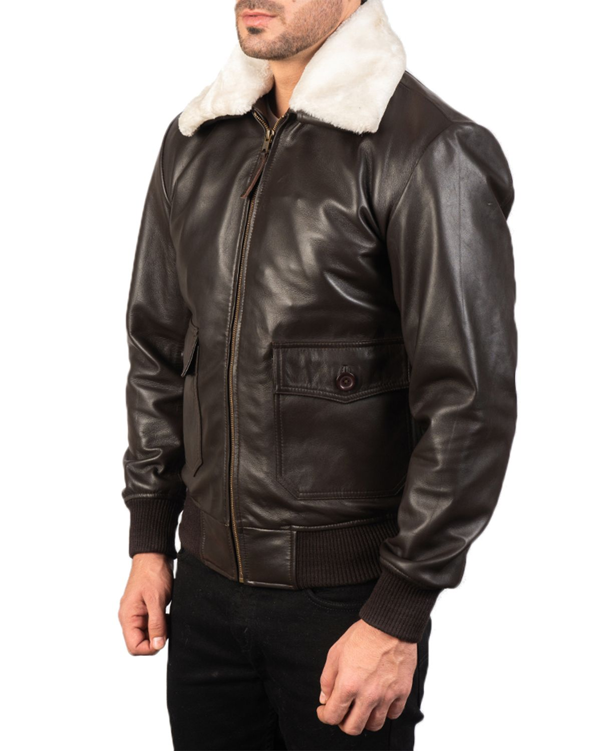 G-1 Bomber Brown Leather Jacket With White Fur | Elite Jacket