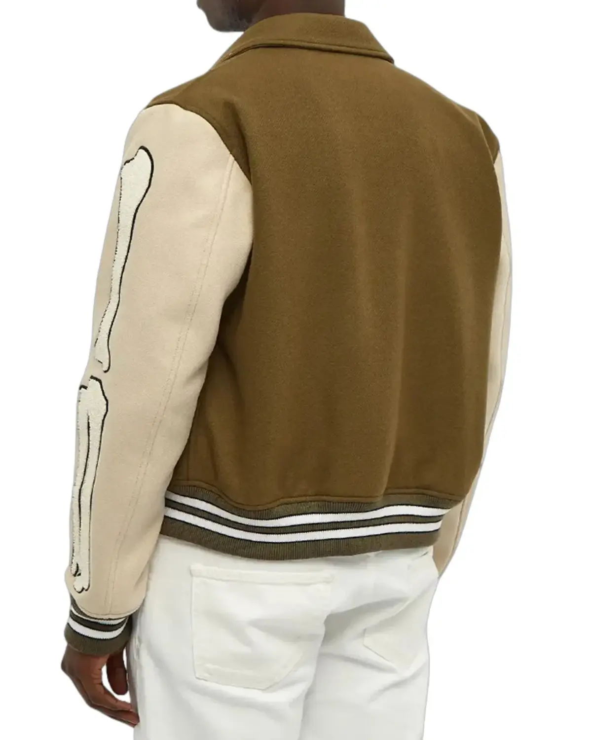 Mens Olive Green and Beige Bone Varsity Jacket | Elite