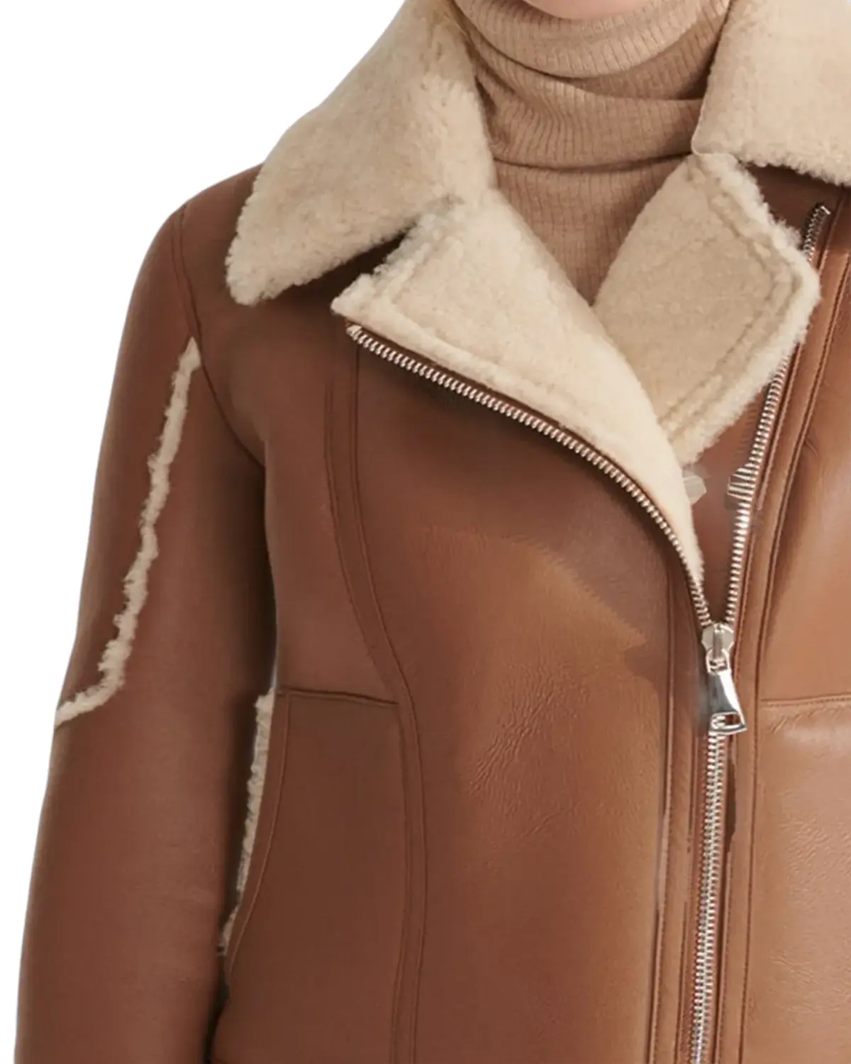 Womens TAN Sports Shearling Leather Jacket