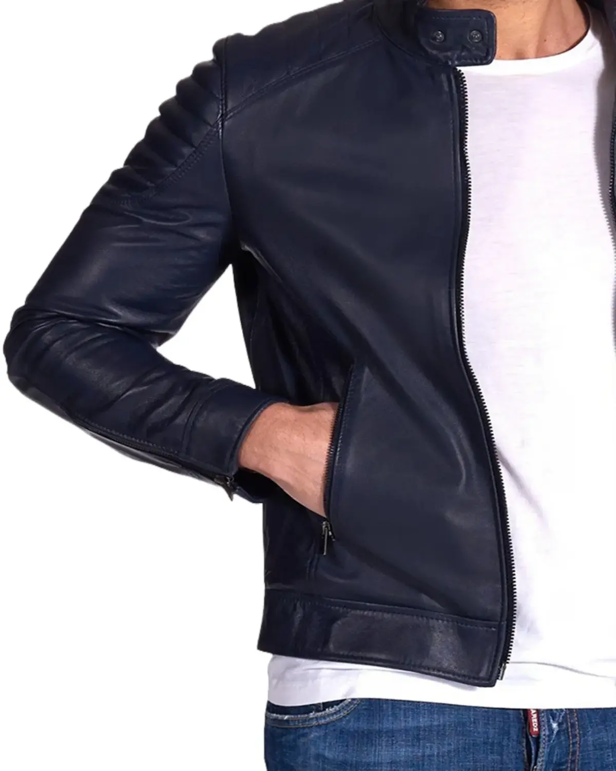 Mens Padded Shoulder Blue Biker Leather Jacket | Elite