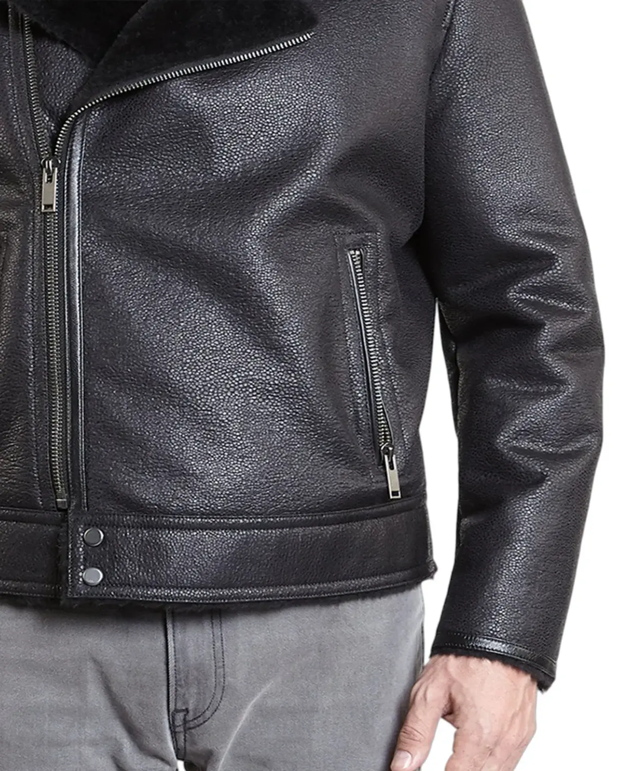 Mens Shiny Black Shearling Leather Jacket | Elite Collection